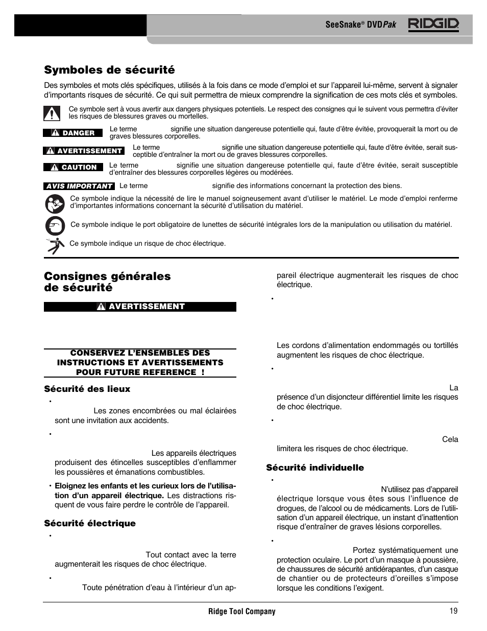 Consignes générales de sécurité, Symboles de sécurité | RIDGID SeeSnake DVDPak User Manual | Page 21 / 359