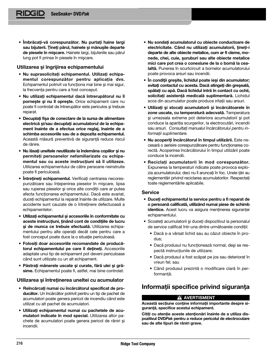 Informaţii specifice privind siguranţa | RIDGID SeeSnake DVDPak User Manual | Page 218 / 359