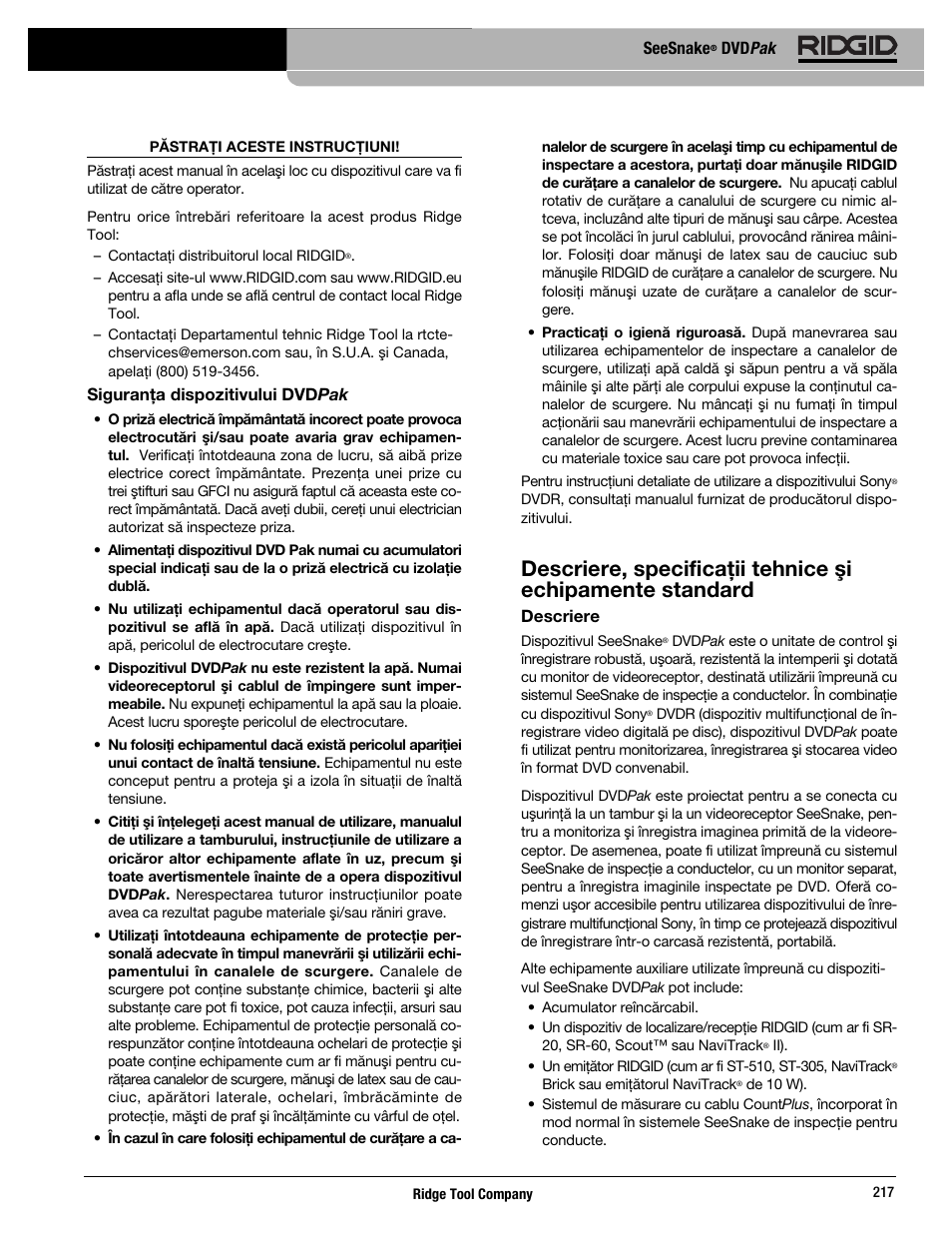 Seesnake, Dvd pak, Siguranţa dispozitivului dvdpak | Descriere | RIDGID SeeSnake DVDPak User Manual | Page 219 / 359