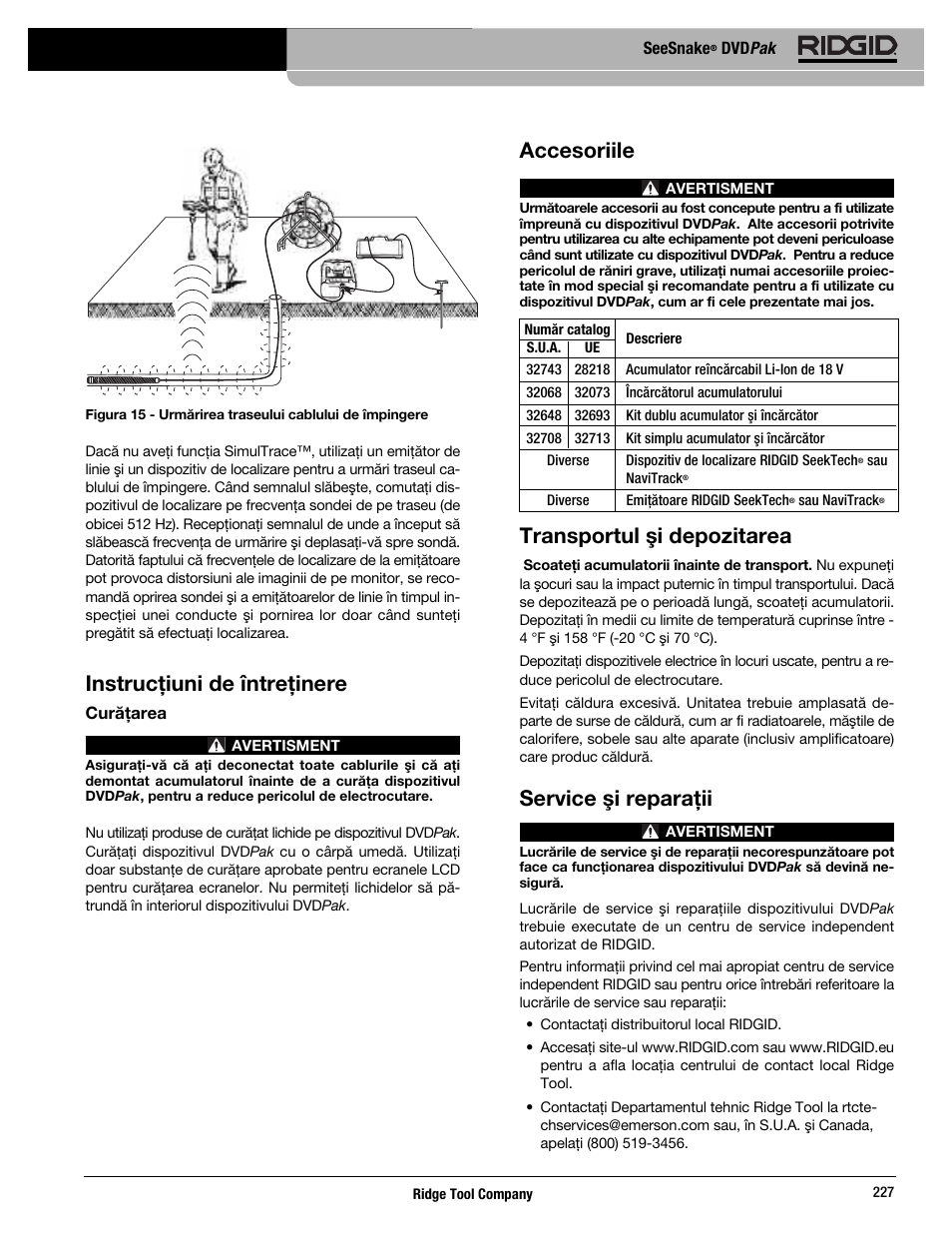 Instrucţiuni de întreţinere, Accesoriile, Transportul şi depozitarea | Service şi reparaţii | RIDGID SeeSnake DVDPak User Manual | Page 229 / 359