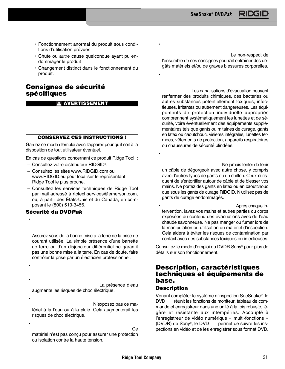 Consignes de sécurité spécifiques | RIDGID SeeSnake DVDPak User Manual | Page 23 / 359