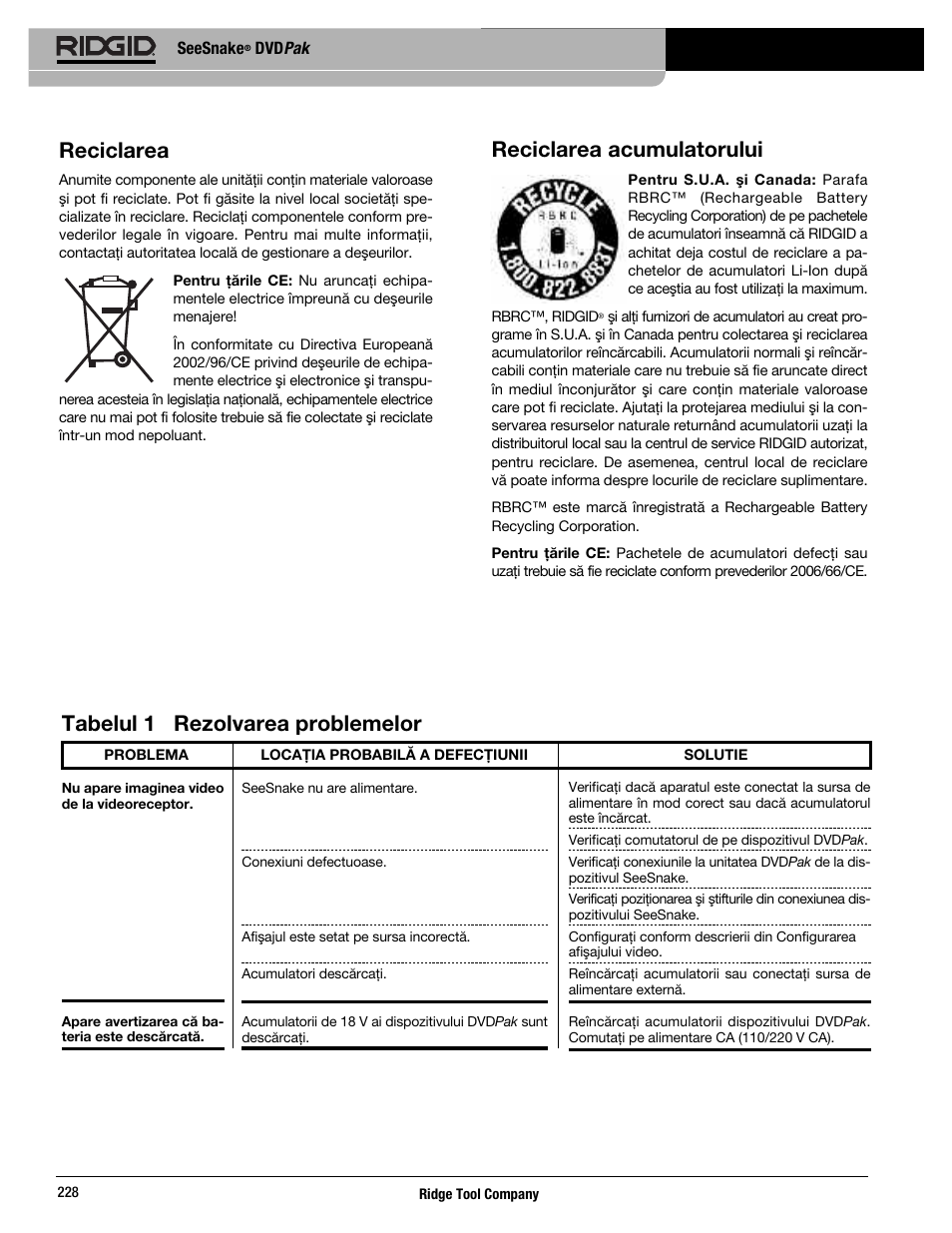 Reciclarea acumulatorului, Tabelul 1 rezolvarea problemelor reciclarea | RIDGID SeeSnake DVDPak User Manual | Page 230 / 359