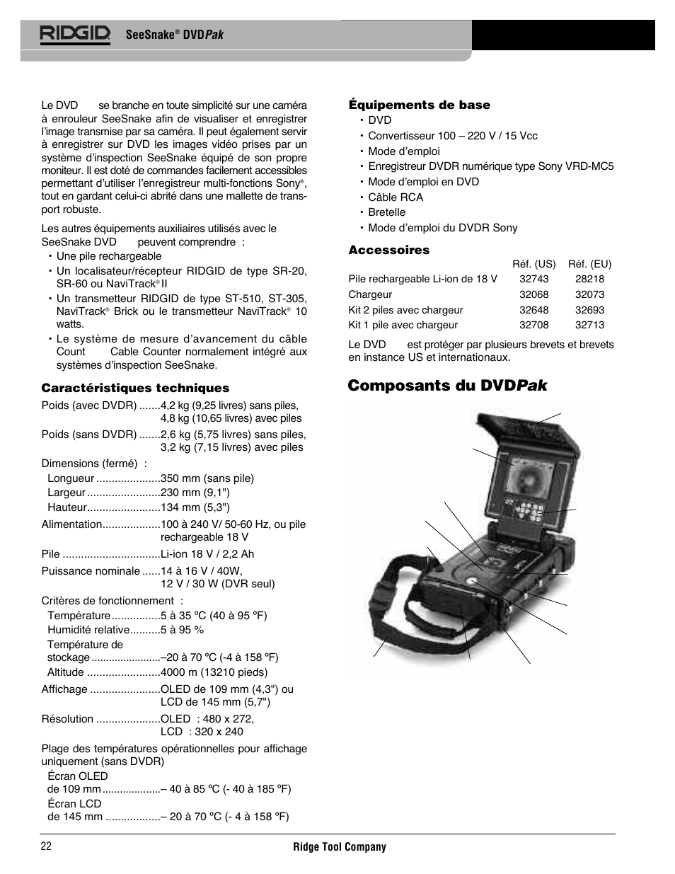 Composants du dvd pak | RIDGID SeeSnake DVDPak User Manual | Page 24 / 359