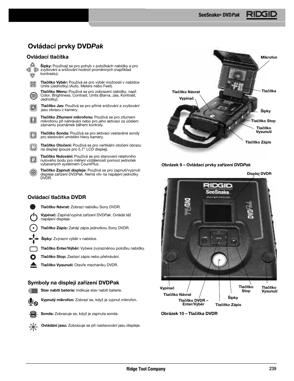 Ovládací prvky dvdpak, Seesnake, Dvd pak | Ovládací tlačítka, Ovládací tlačítka dvdr, Symboly na displeji zařízení dvdpak | RIDGID SeeSnake DVDPak User Manual | Page 241 / 359