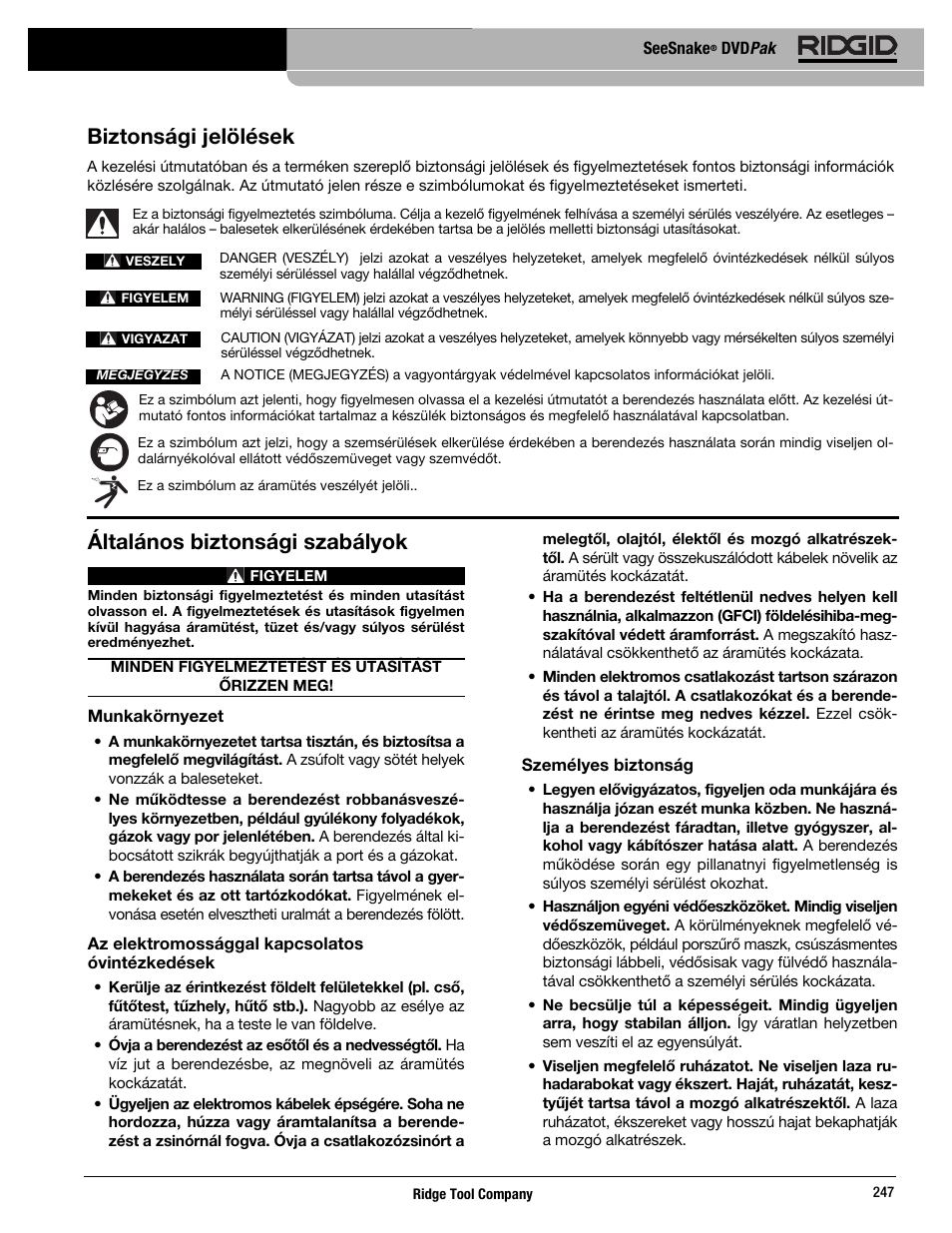 Általános biztonsági szabályok, Biztonsági jelölések | RIDGID SeeSnake DVDPak User Manual | Page 249 / 359