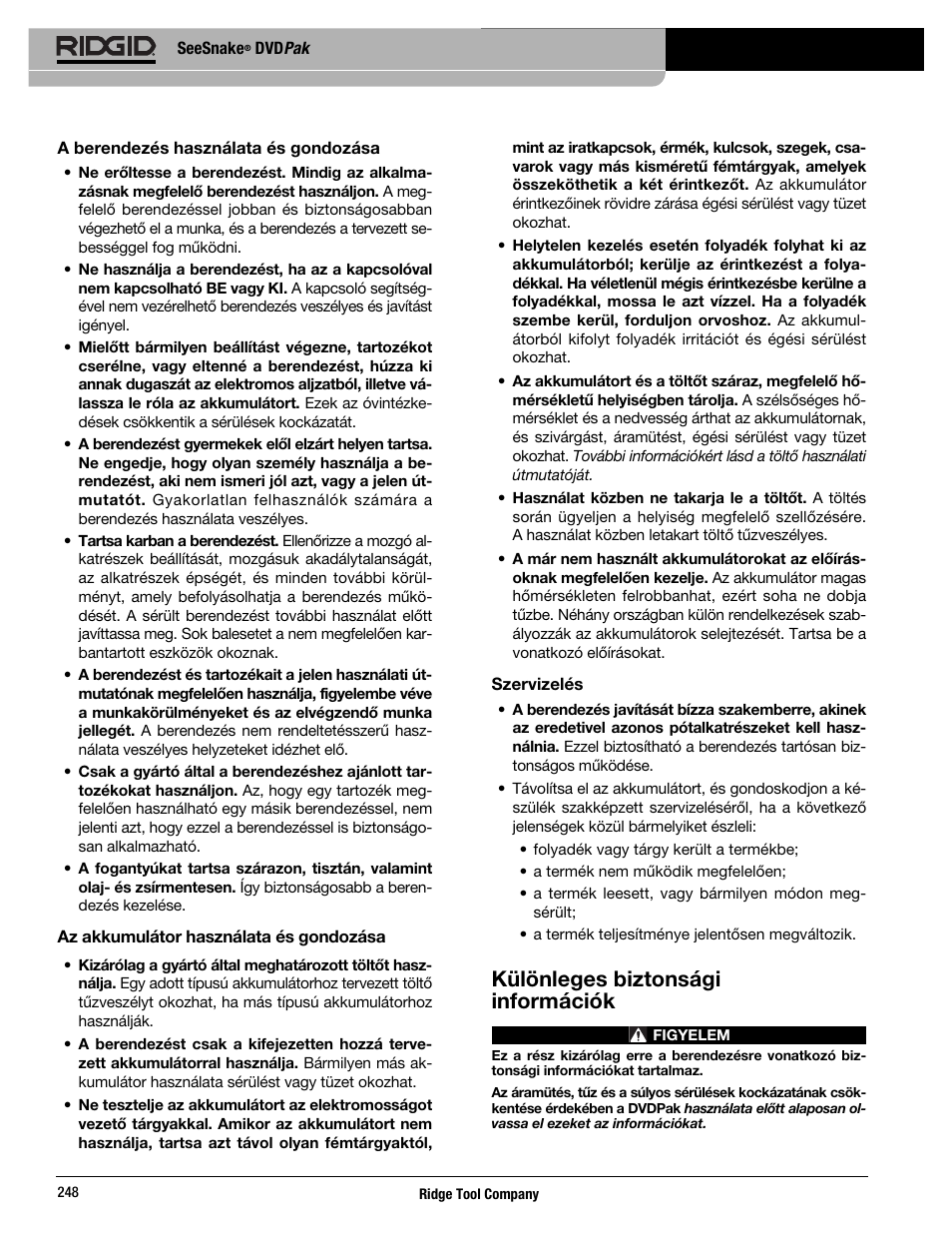 Különleges biztonsági információk | RIDGID SeeSnake DVDPak User Manual | Page 250 / 359