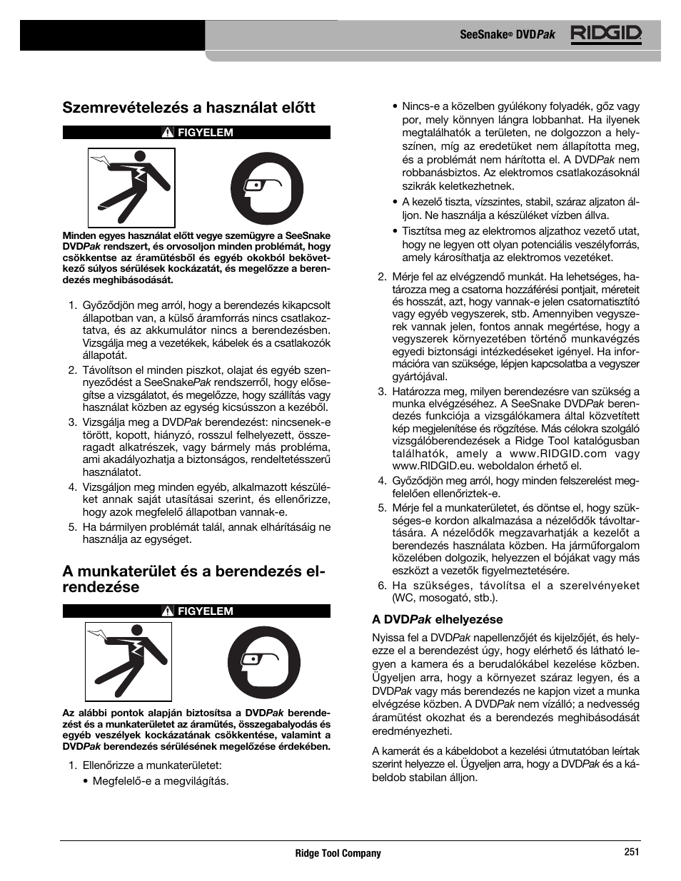 Szemrevételezés a használat előtt, A munkaterület és a berendezés el- rendezése | RIDGID SeeSnake DVDPak User Manual | Page 253 / 359