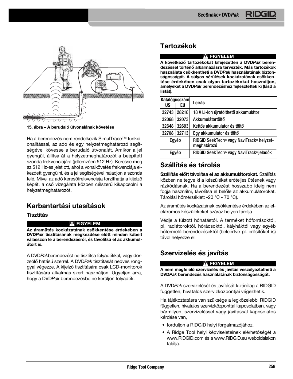 Karbantartási utasítások, Tartozékok, Szállítás és tárolás | Szervizelés és javítás | RIDGID SeeSnake DVDPak User Manual | Page 261 / 359