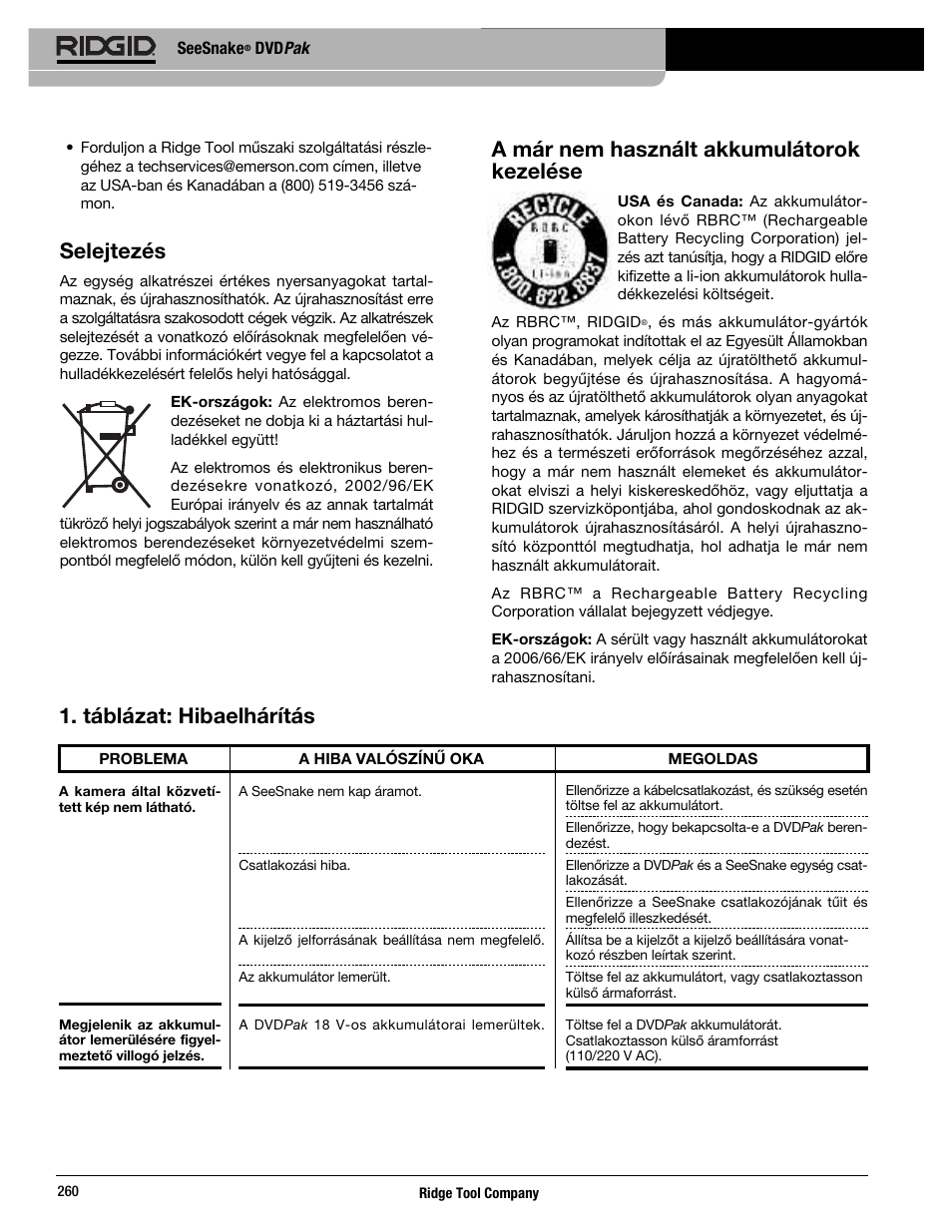 A már nem használt akkumulátorok kezelése, Táblázat: hibaelhárítás, Selejtezés | RIDGID SeeSnake DVDPak User Manual | Page 262 / 359