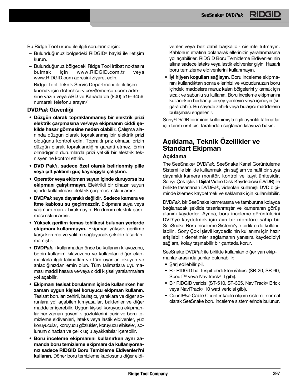 Açıklama, teknik özellikler ve standart ekipman | RIDGID SeeSnake DVDPak User Manual | Page 299 / 359