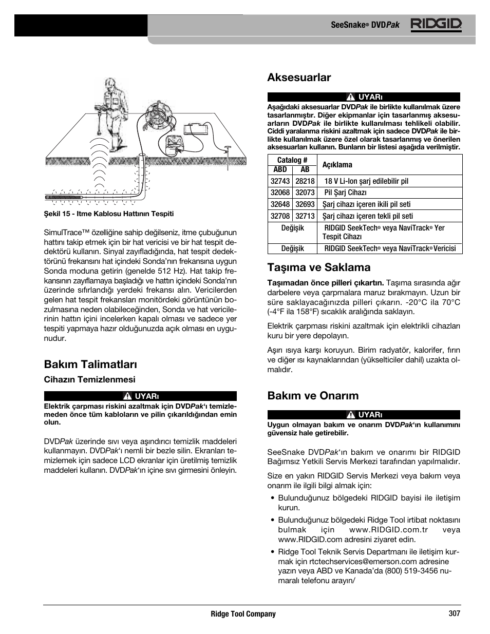 Bakım talimatları, Aksesuarlar, Taşıma ve saklama | Bakım ve onarım | RIDGID SeeSnake DVDPak User Manual | Page 309 / 359