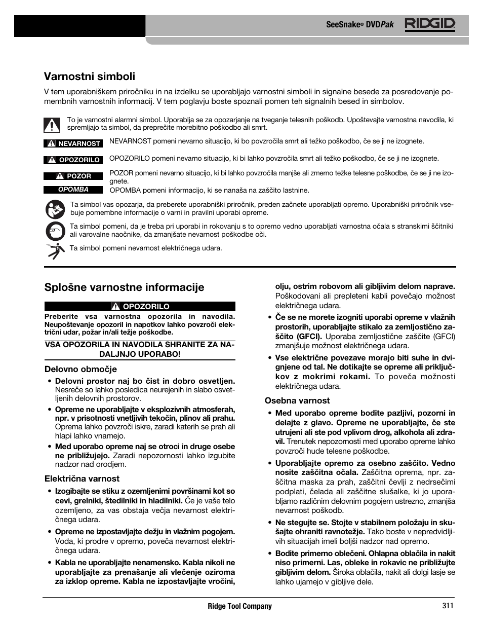 Splošne varnostne informacije, Varnostni simboli | RIDGID SeeSnake DVDPak User Manual | Page 313 / 359