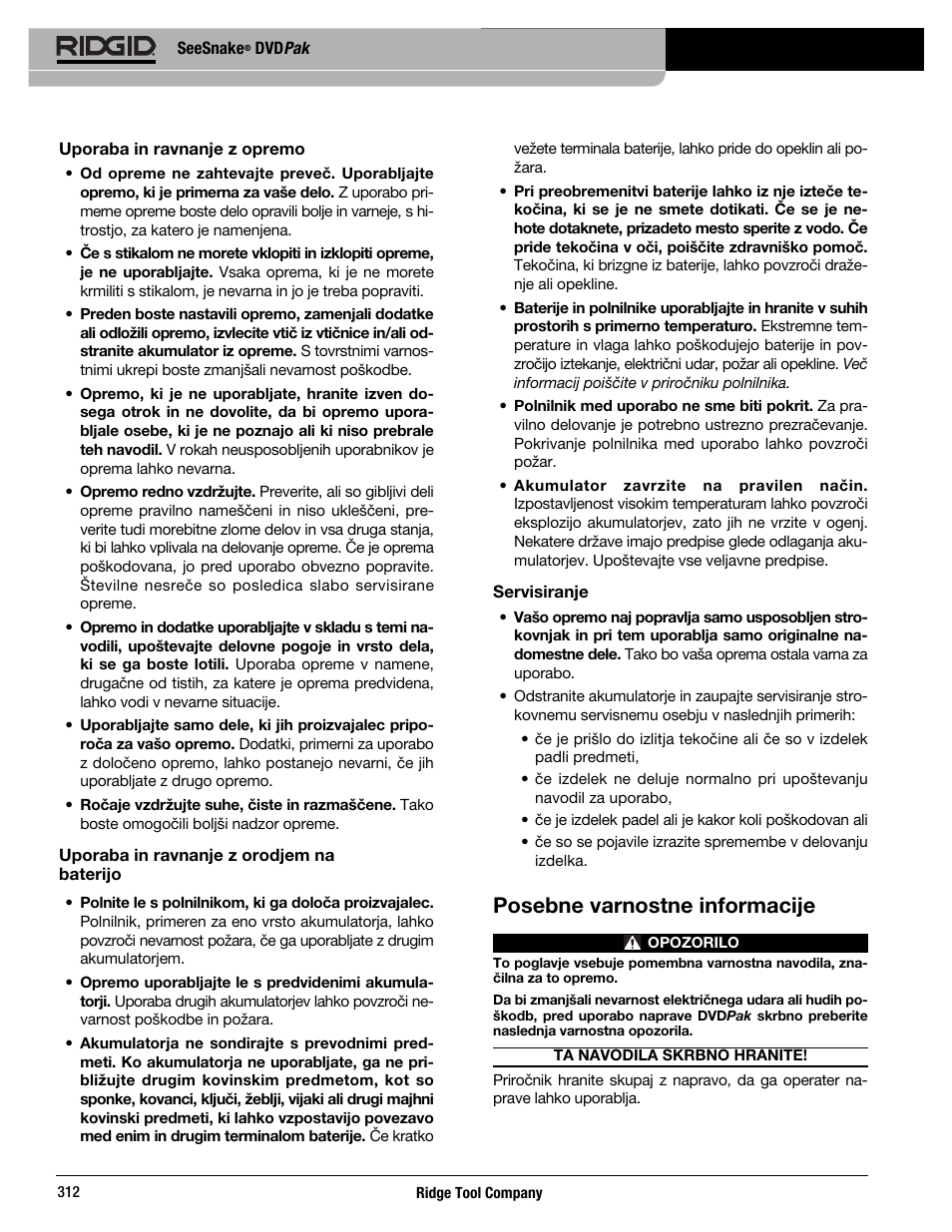 Posebne varnostne informacije | RIDGID SeeSnake DVDPak User Manual | Page 314 / 359