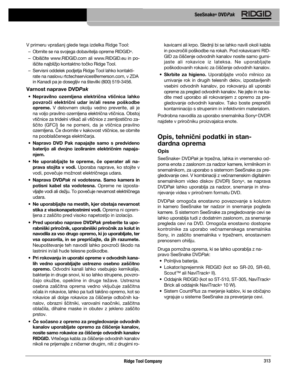 Opis, tehnični podatki in stan- dardna oprema | RIDGID SeeSnake DVDPak User Manual | Page 315 / 359