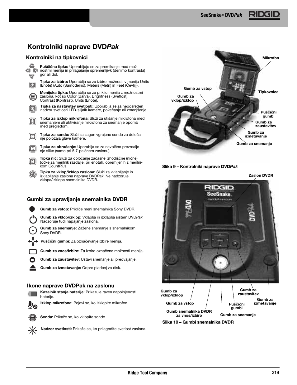 Kontrolniki naprave dvdpak, Seesnake, Dvd pak | Kontrolniki na tipkovnici, Gumbi za upravljanje snemalnika dvdr, Ikone naprave dvdpak na zaslonu | RIDGID SeeSnake DVDPak User Manual | Page 321 / 359