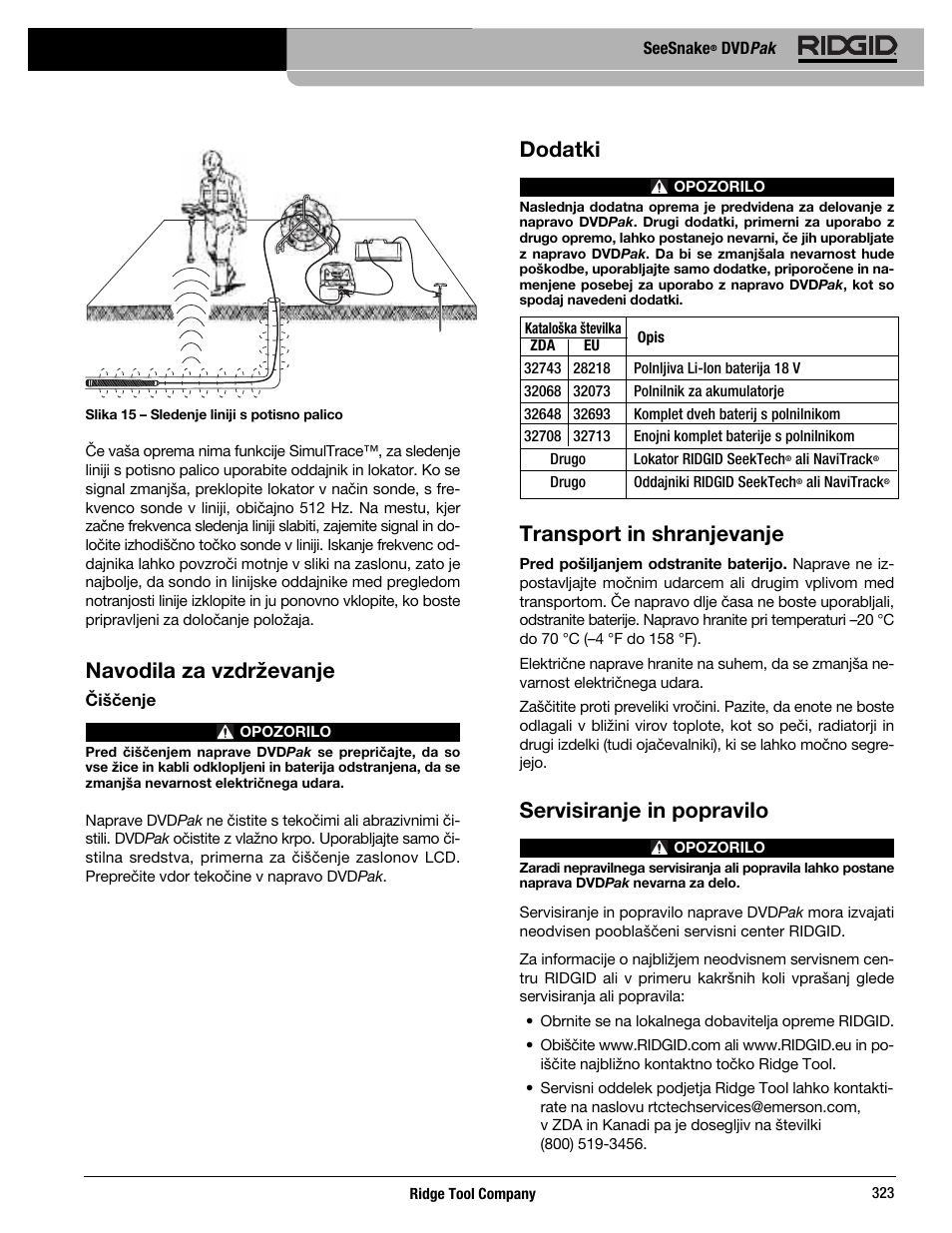 Navodila za vzdrževanje, Dodatki, Transport in shranjevanje | Servisiranje in popravilo | RIDGID SeeSnake DVDPak User Manual | Page 325 / 359