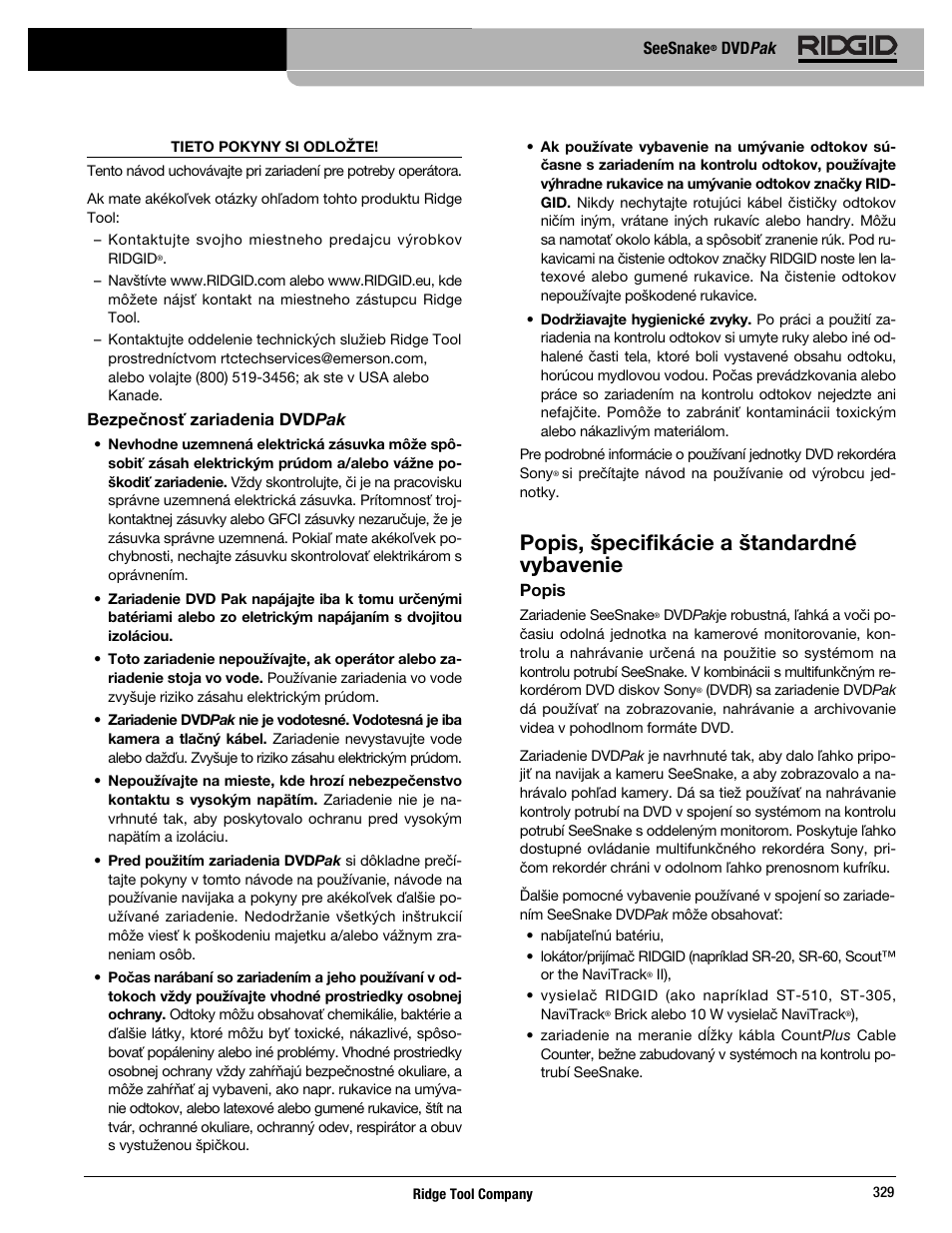 Popis, špecifikácie a štandardné vybavenie, Seesnake, Dvd pak | Bezpečnosť zariadenia dvdpak, Popis | RIDGID SeeSnake DVDPak User Manual | Page 331 / 359