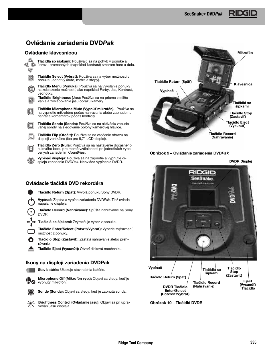 Ovládanie zariadenia dvdpak, Seesnake, Dvd pak | Ovládanie klávesnicou, Ovládacie tlačidlá dvd rekordéra, Ikony na displeji zariadenia dvdpak | RIDGID SeeSnake DVDPak User Manual | Page 337 / 359