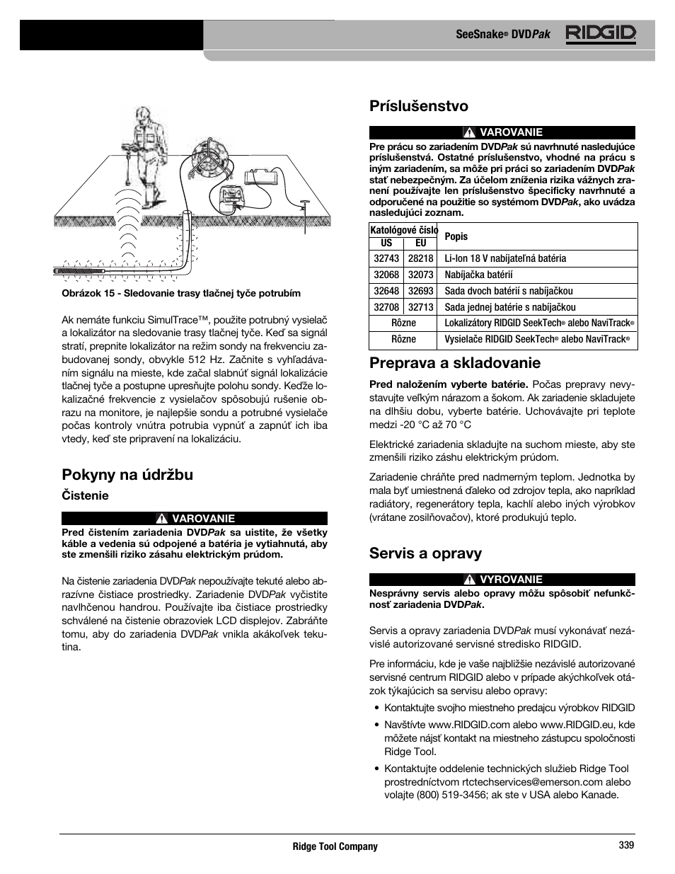 Pokyny na údržbu, Príslušenstvo, Preprava a skladovanie | Servis a opravy | RIDGID SeeSnake DVDPak User Manual | Page 341 / 359