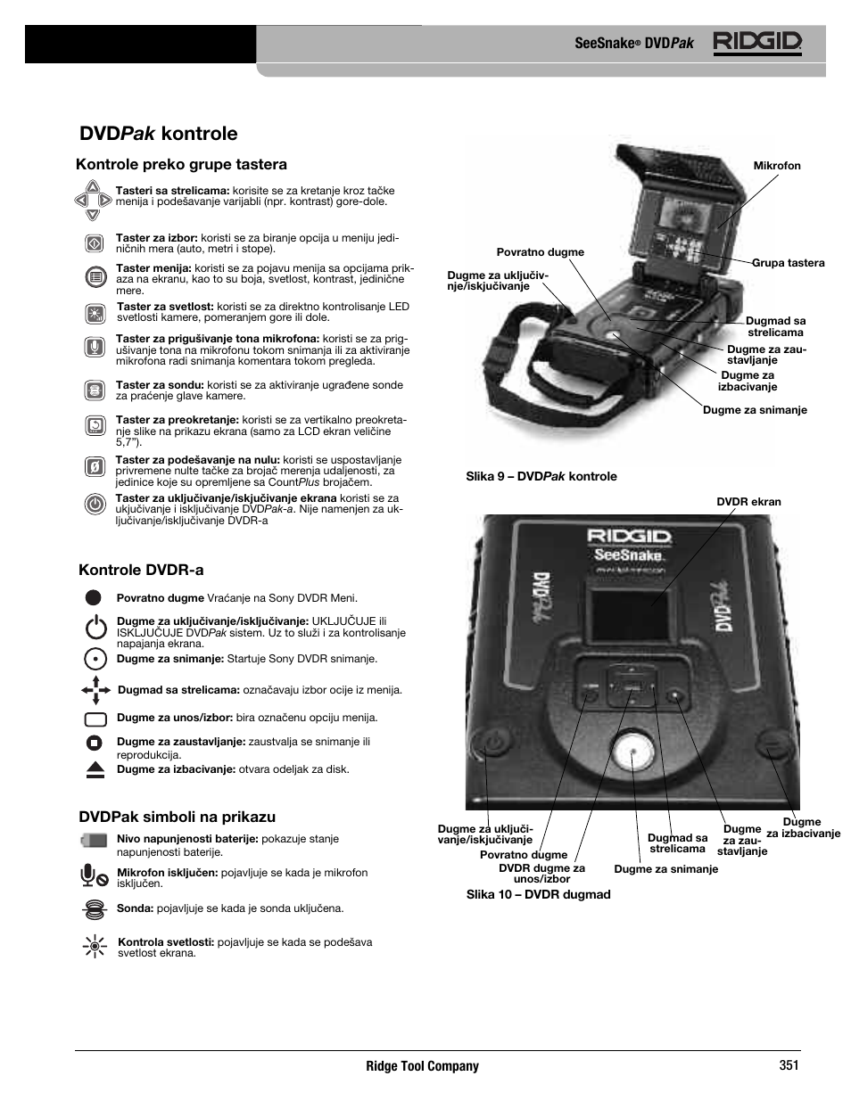 Dvdpak kontrole, Seesnake, Dvd pak | Kontrole preko grupe tastera, Kontrole dvdr-a, Dvdpak simboli na prikazu | RIDGID SeeSnake DVDPak User Manual | Page 353 / 359