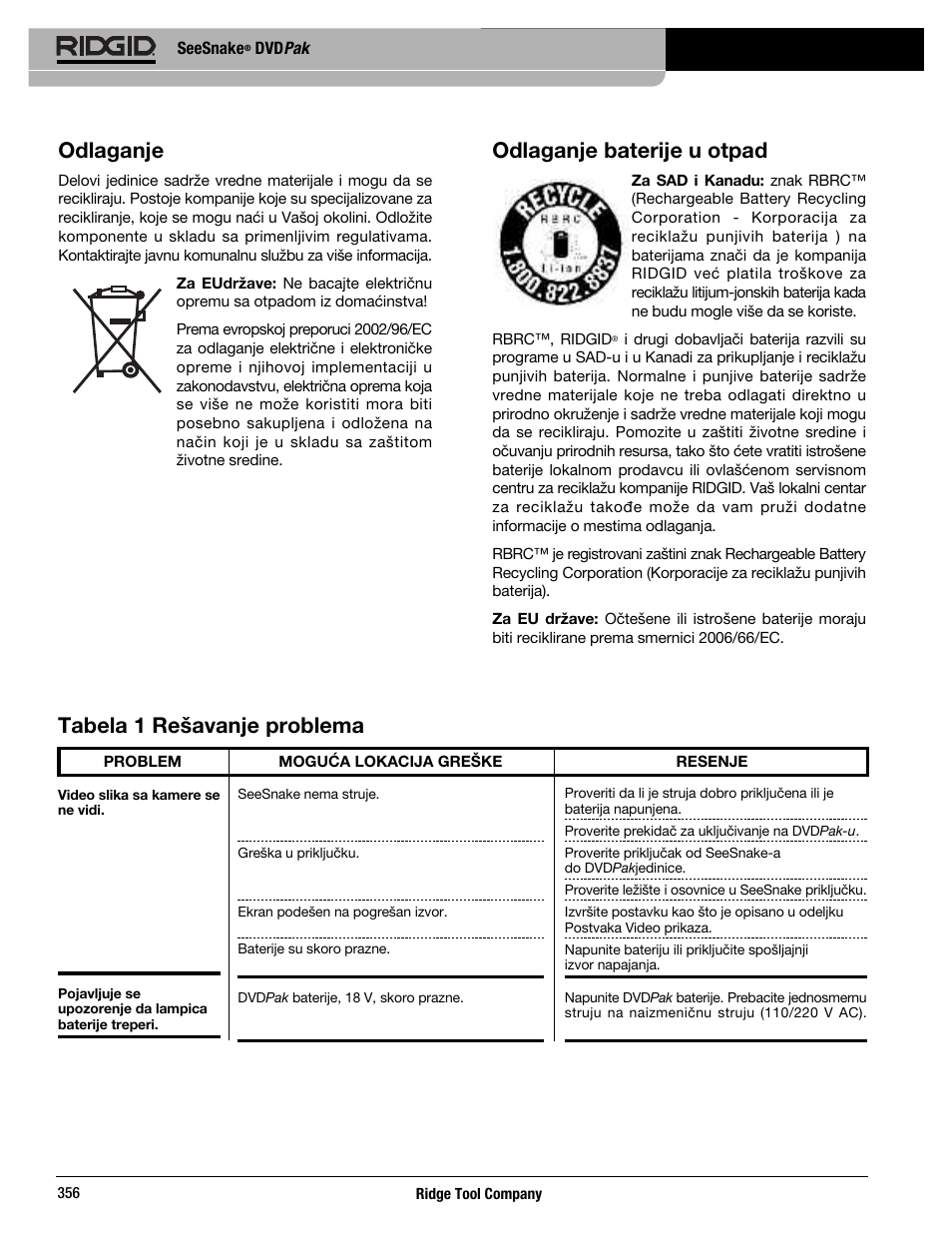 Tabela 1 rešavanje problema odlaganje, Odlaganje baterije u otpad | RIDGID SeeSnake DVDPak User Manual | Page 358 / 359