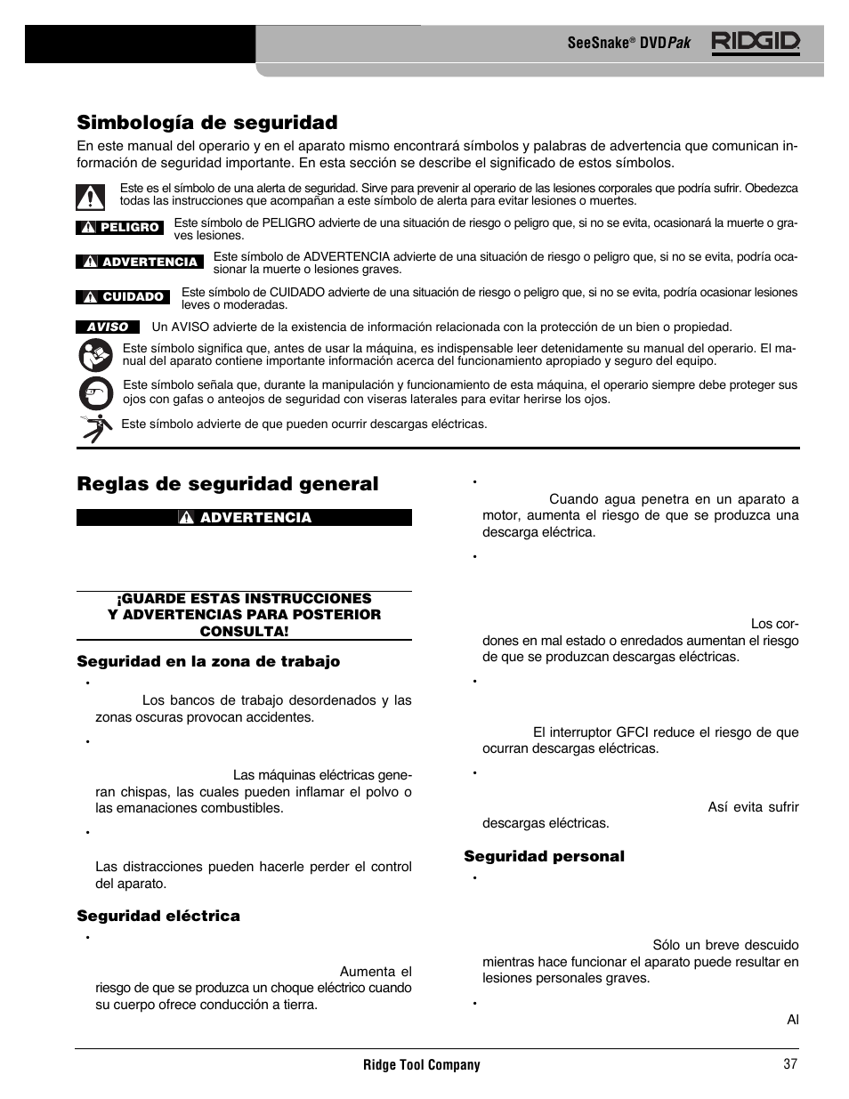 Reglas de seguridad general, Simbología de seguridad | RIDGID SeeSnake DVDPak User Manual | Page 39 / 359