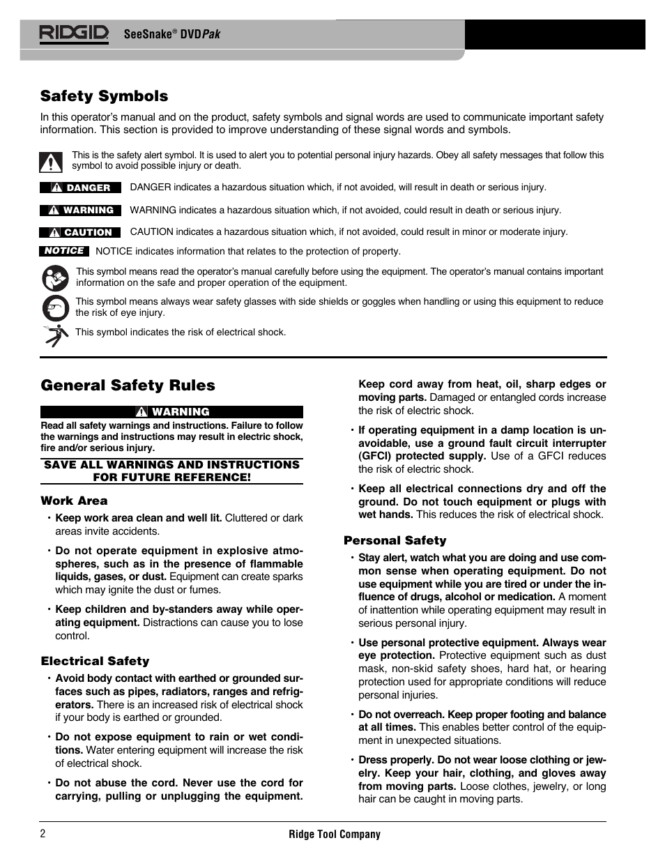 General safety rules, Safety symbols | RIDGID SeeSnake DVDPak User Manual | Page 4 / 359