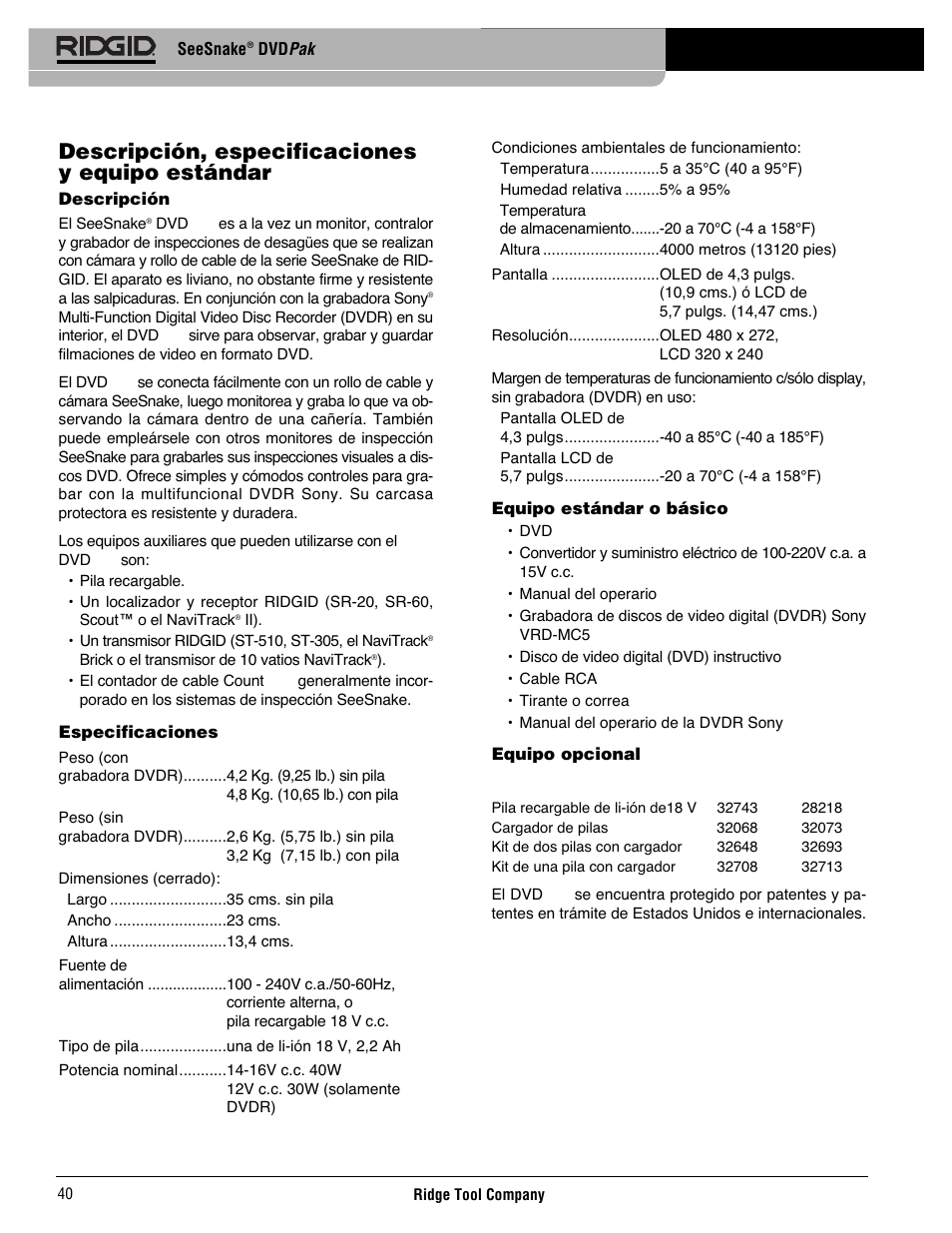 Descripción, especificaciones y equipo estándar | RIDGID SeeSnake DVDPak User Manual | Page 42 / 359