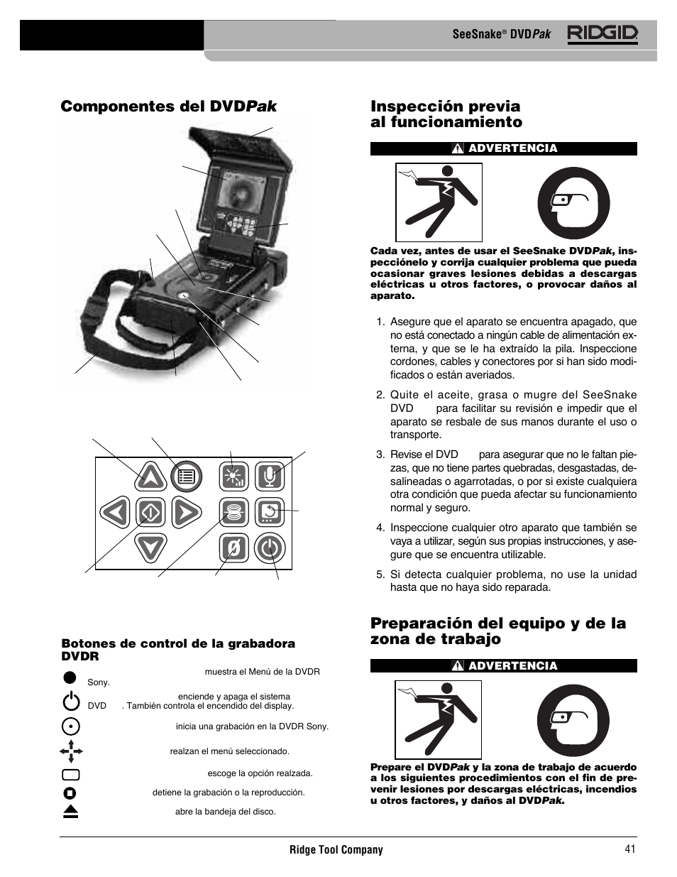 Inspección previa al funcionamiento, Preparación del equipo y de la zona de trabajo, Componentes del dvd pak | Seesnake, Dvd pak, Botones de control de la grabadora dvdr | RIDGID SeeSnake DVDPak User Manual | Page 43 / 359