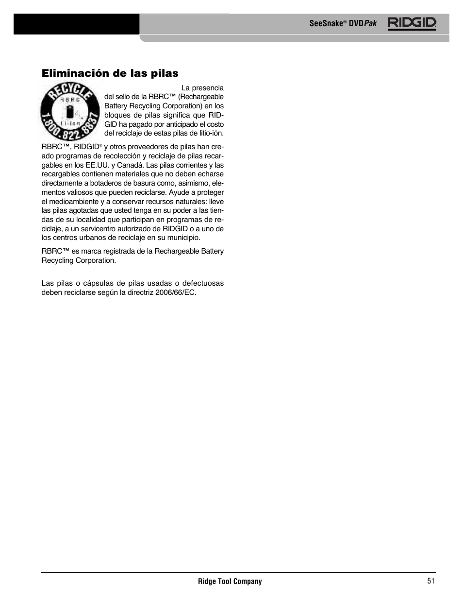 Eliminación de las pilas | RIDGID SeeSnake DVDPak User Manual | Page 53 / 359