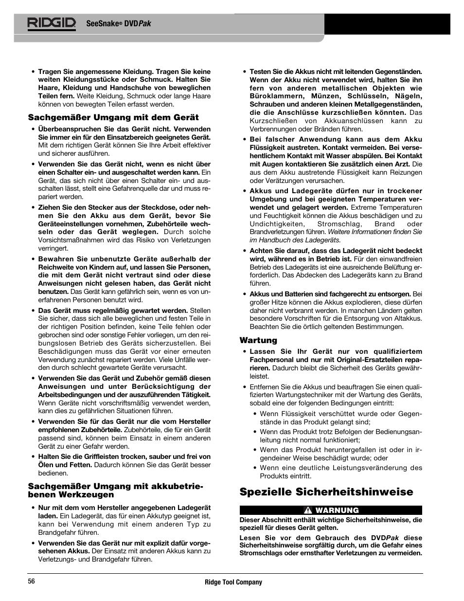 Spezielle sicherheitshinweise | RIDGID SeeSnake DVDPak User Manual | Page 58 / 359