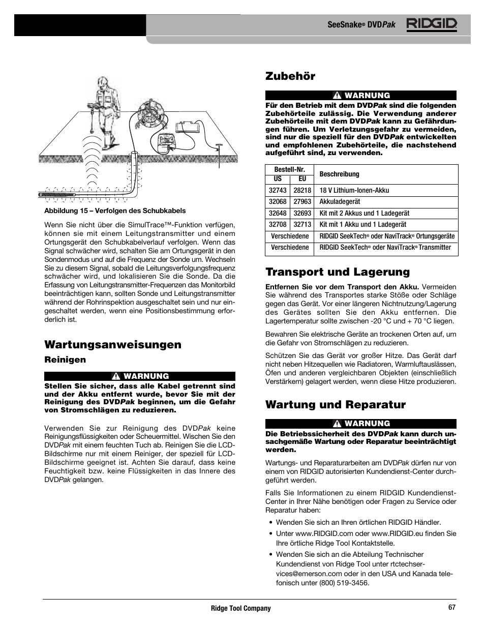 Wartungsanweisungen, Zubehör, Transport und lagerung | Wartung und reparatur | RIDGID SeeSnake DVDPak User Manual | Page 69 / 359