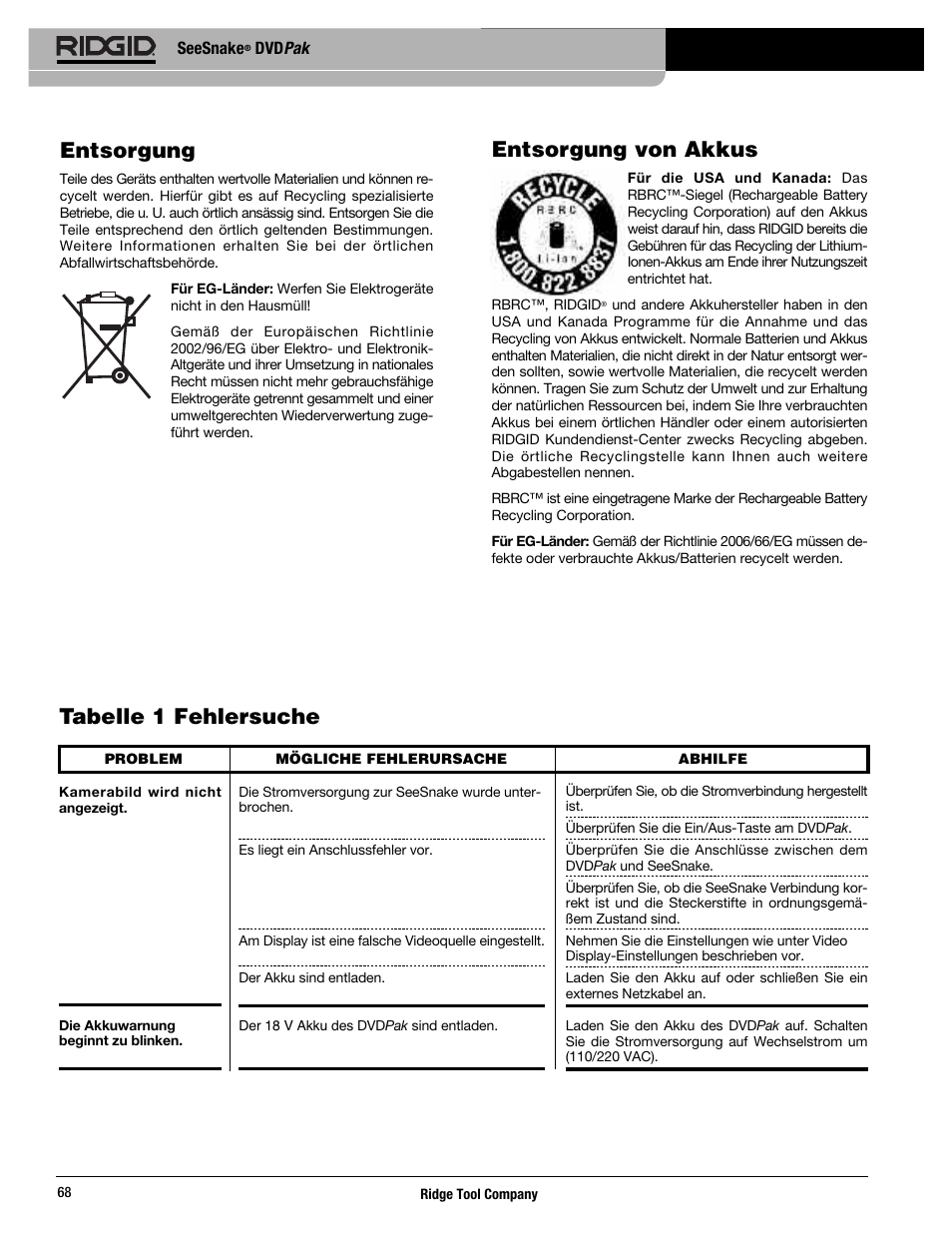 Entsorgung von akkus, Tabelle 1 fehlersuche entsorgung | RIDGID SeeSnake DVDPak User Manual | Page 70 / 359