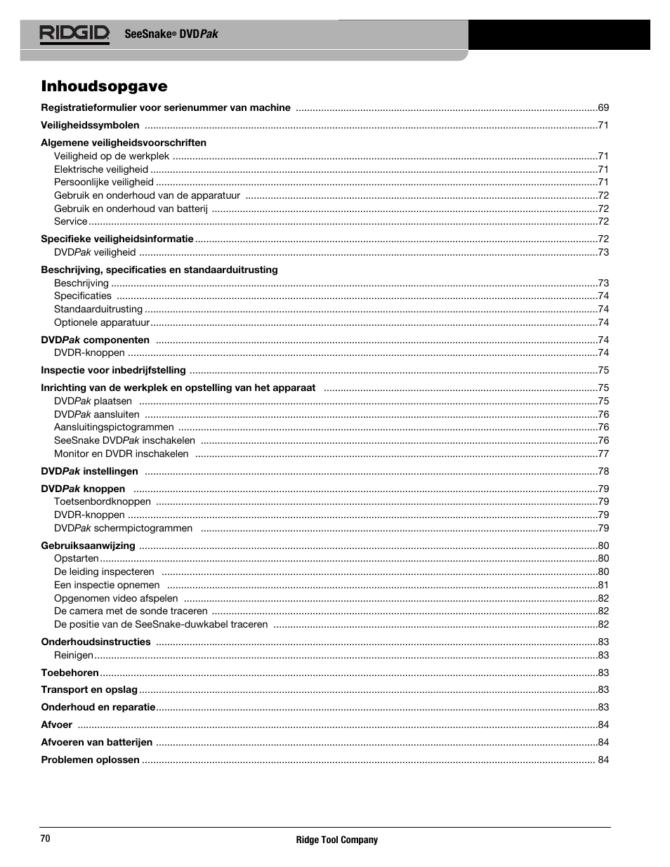 Inhoudsopgave | RIDGID SeeSnake DVDPak User Manual | Page 72 / 359