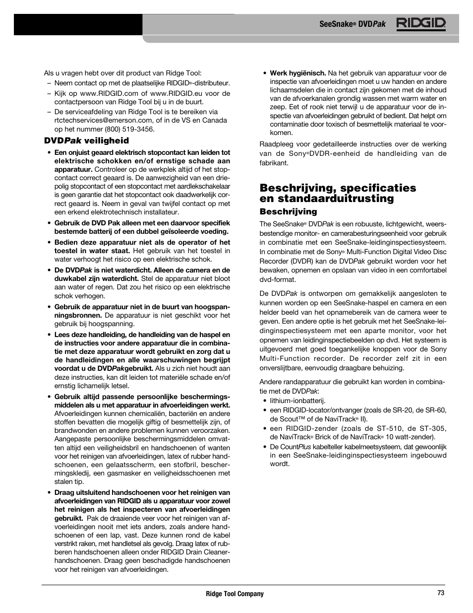 Beschrijving, specificaties en standaarduitrusting, Seesnake, Dvd pak | Dvd pak veiligheid, Beschrijving | RIDGID SeeSnake DVDPak User Manual | Page 75 / 359