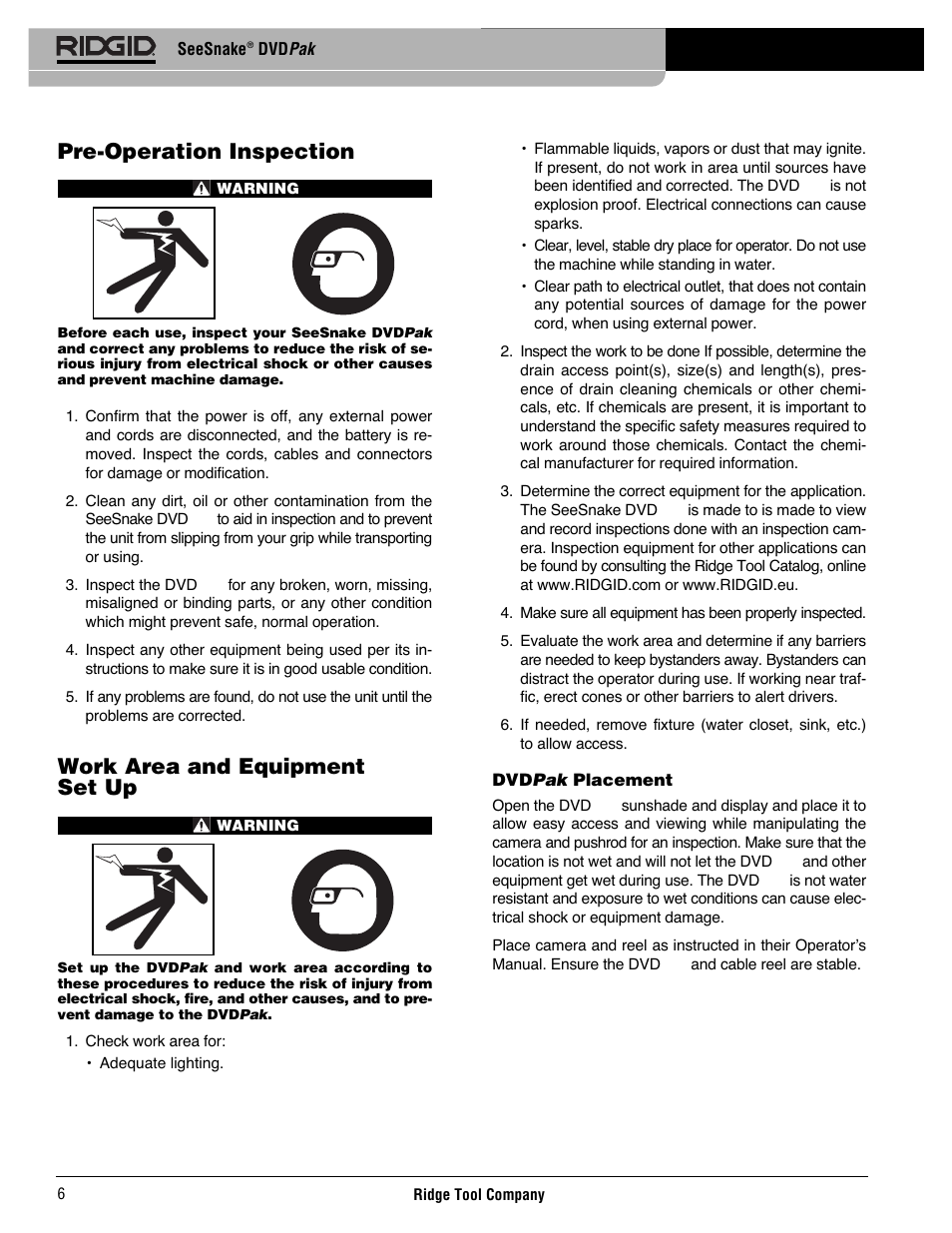 Pre-operation inspection, Work area and equipment set up | RIDGID SeeSnake DVDPak User Manual | Page 8 / 359