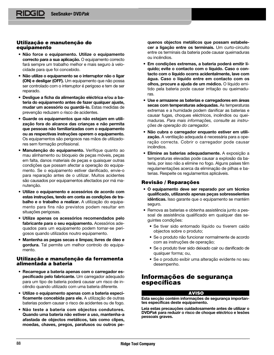 Informações de segurança específicas | RIDGID SeeSnake DVDPak User Manual | Page 90 / 359