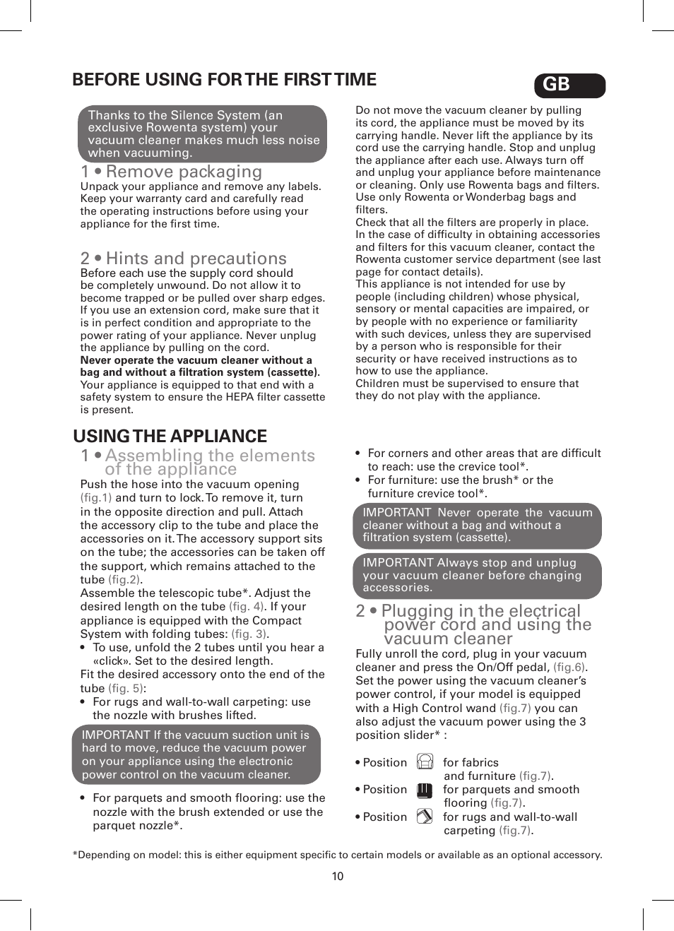 1 • remove packaging, 2 • hints and precautions, Before using for the first time | 1 • assembling the elements of the appliance, Using the appliance | ROWENTA SILENCE FORCE COMPACT RO4449 User Manual | Page 10 / 46
