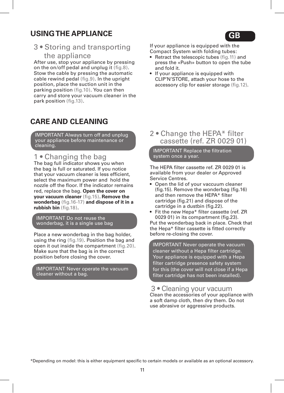 3 • storing and transporting the appliance, 1 • changing the bag, 3 • cleaning your vacuum | Using the appliance care and cleaning | ROWENTA SILENCE FORCE COMPACT RO4449 User Manual | Page 11 / 46