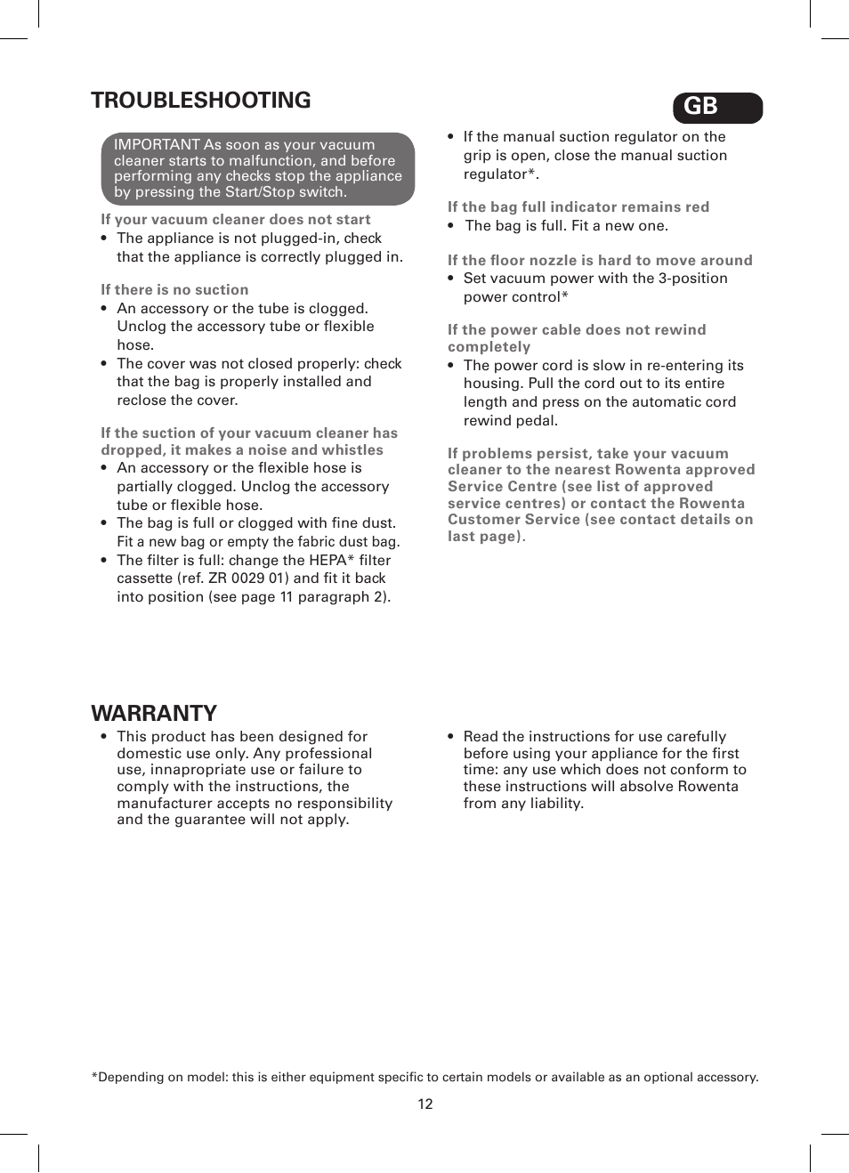 Troubleshooting, Warranty | ROWENTA SILENCE FORCE COMPACT RO4449 User Manual | Page 12 / 46