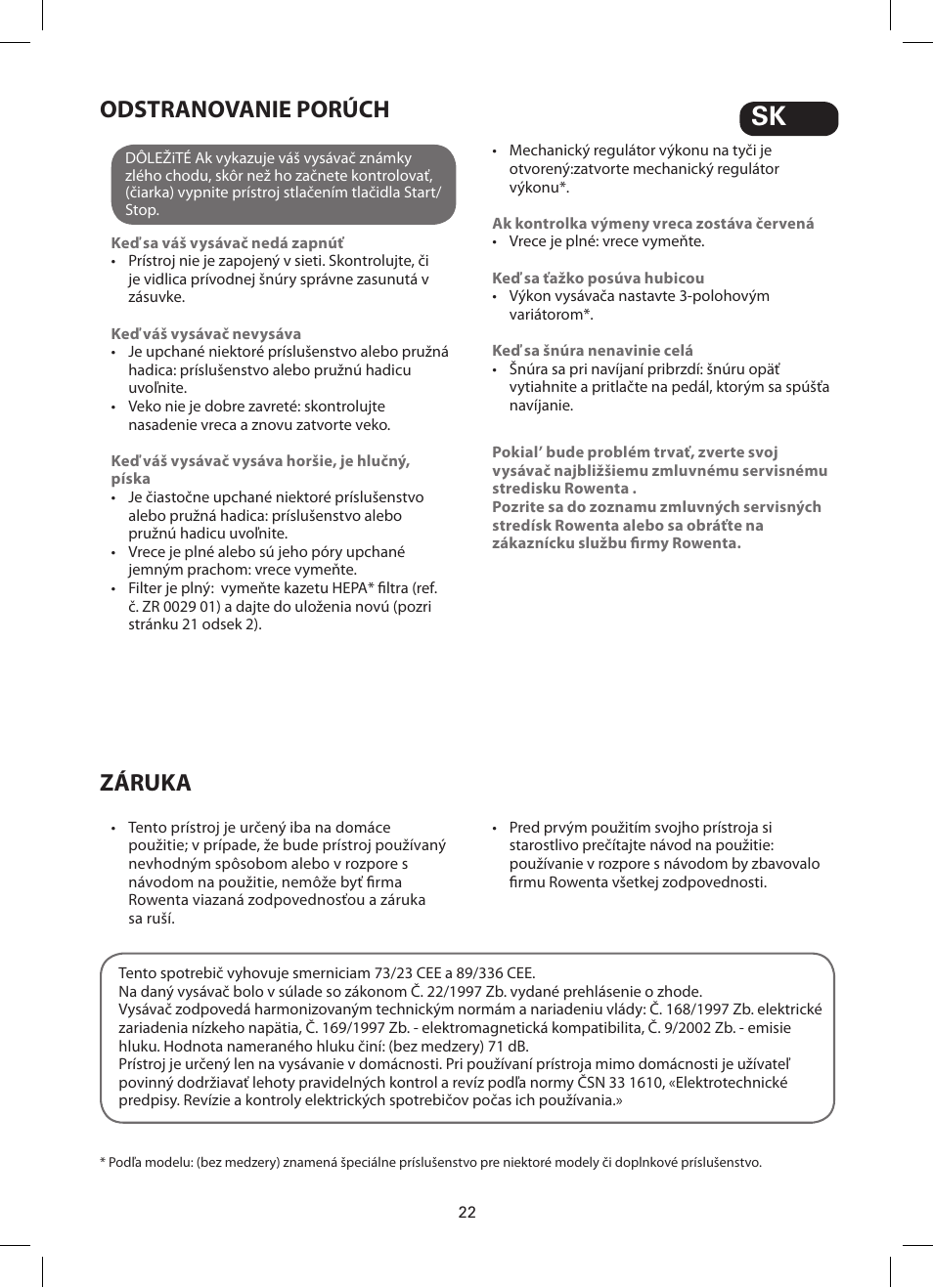 Odstranovanie porúch, Záruka | ROWENTA SILENCE FORCE COMPACT RO4449 User Manual | Page 22 / 46