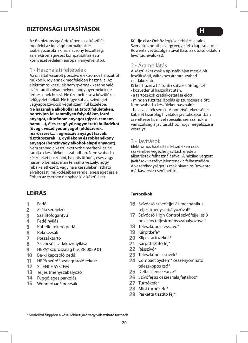 Biztonsági utasítások leírás, 1 • használati feltételek, 2 • áramellátás | 3 • javítások | ROWENTA SILENCE FORCE COMPACT RO4449 User Manual | Page 29 / 46