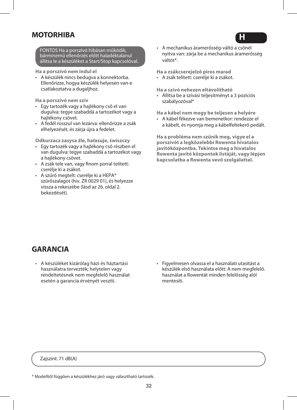 Motorhiba, Garancia | ROWENTA SILENCE FORCE COMPACT RO4449 User Manual | Page 32 / 46