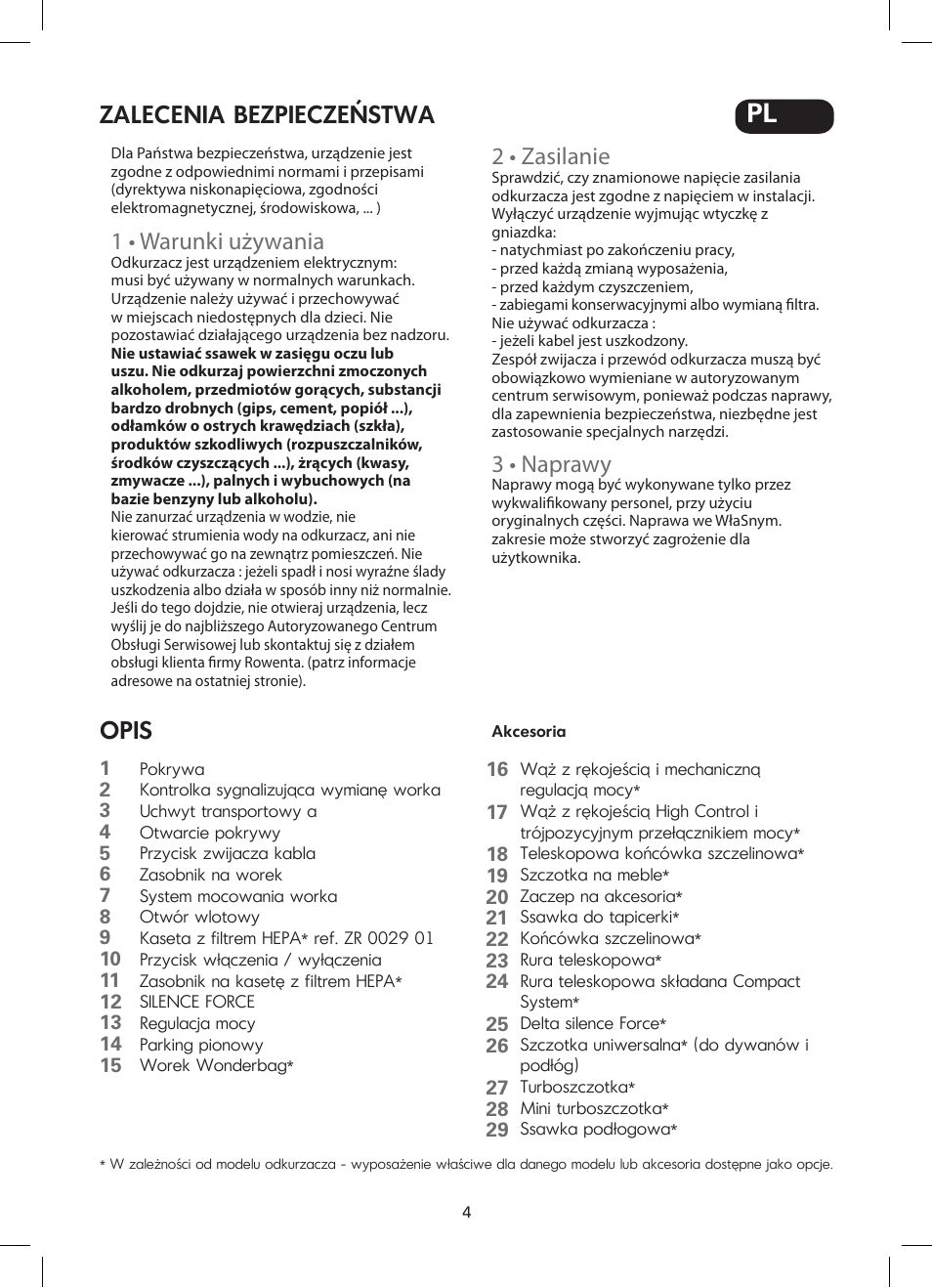 1 • warunki używania, 2 • zasilanie, 3 • naprawy | Zalecenia bezpieczeństwa opis | ROWENTA SILENCE FORCE COMPACT RO4449 User Manual | Page 4 / 46