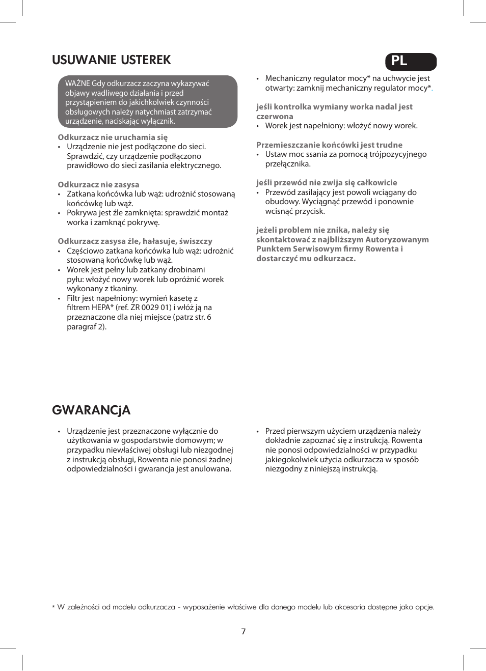 Usuwanie usterek, Gwarancja | ROWENTA SILENCE FORCE COMPACT RO4449 User Manual | Page 7 / 46