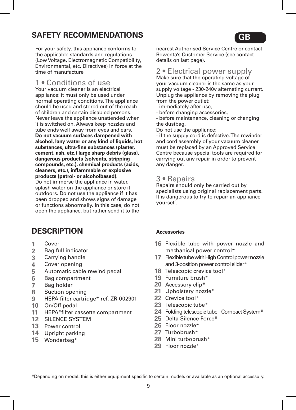 1 • conditions of use, 2 • electrical power supply, 3 • repairs | Safety recommendations description | ROWENTA SILENCE FORCE COMPACT RO4449 User Manual | Page 9 / 46
