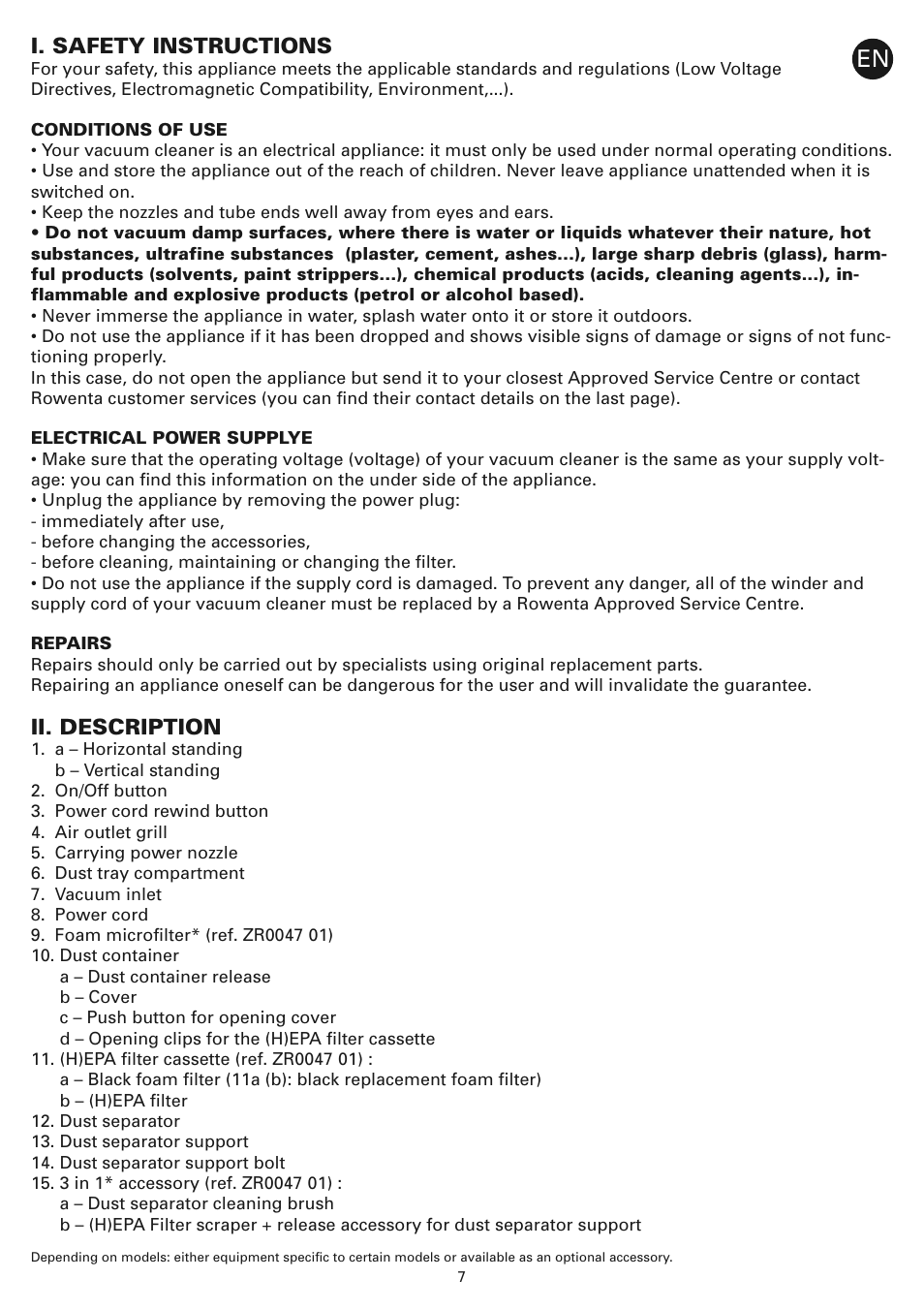 I. safety instructions, Ii. description | ROWENTA COMPACTEO CYCLONIC RO3449 User Manual | Page 12 / 56
