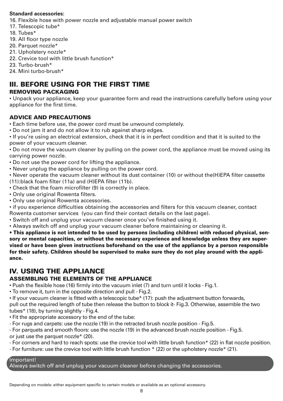 Iii. before using for the first time, Iv. using the appliance | ROWENTA COMPACTEO CYCLONIC RO3449 User Manual | Page 13 / 56