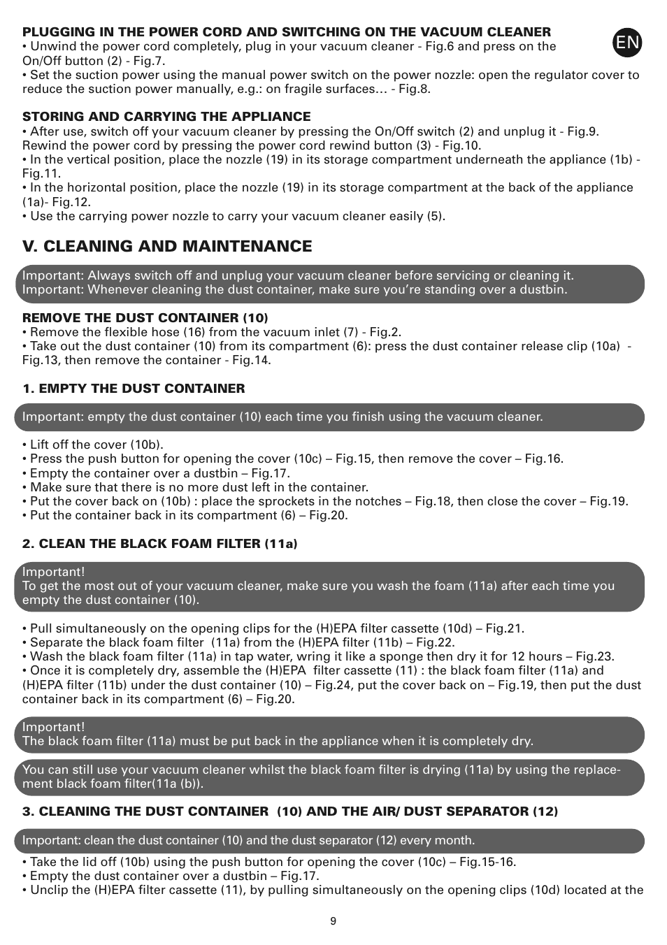 V. cleaning and maintenance | ROWENTA COMPACTEO CYCLONIC RO3449 User Manual | Page 14 / 56
