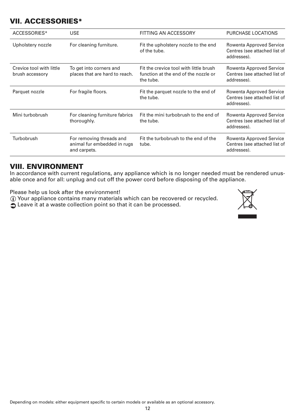 Viii. environment, Vii. accessories | ROWENTA COMPACTEO CYCLONIC RO3449 User Manual | Page 17 / 56